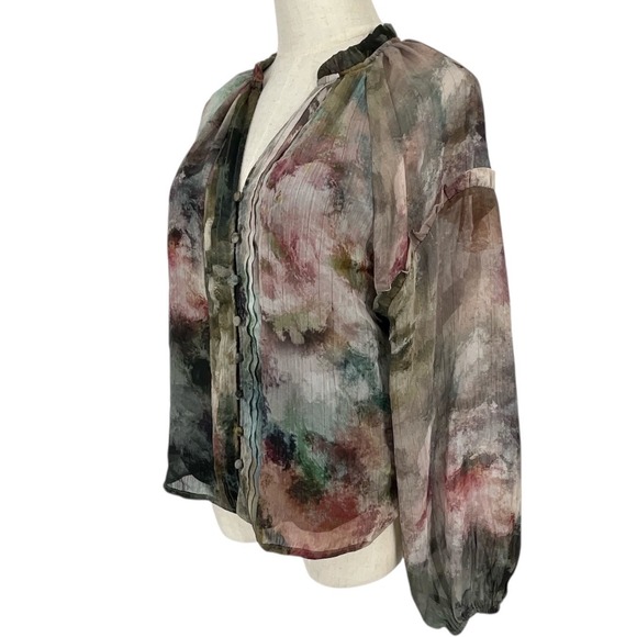 HAVER London Watercolor Print Sheer Button Blouse Top XS Cottagecore Ballet - Picture 2 of 9